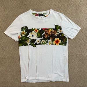 Zara Man White Short-Sleeve Tee with Cheetah Hawaiian Tropical Print Sz L